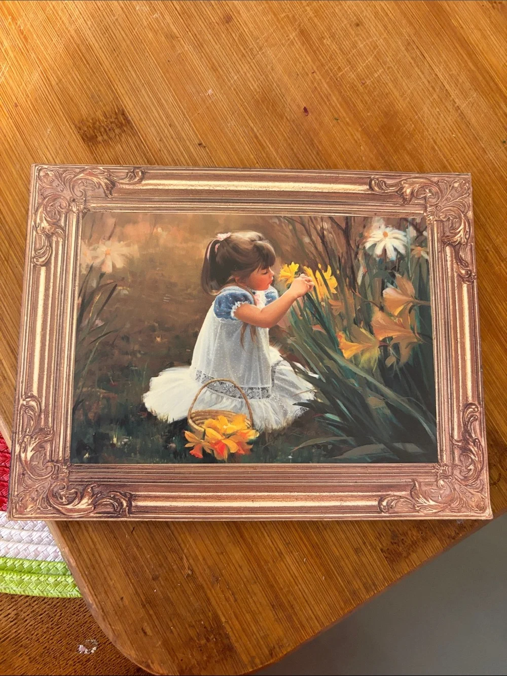Vintage-Style Gold Picture Frame with Girl and Daffodils Art Print
